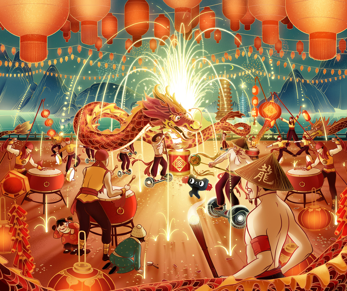 天猫 x 广西 - 平衡车 x 炮龙节 - 新年插画海报 2019. DongQiu-Chinese illustrator