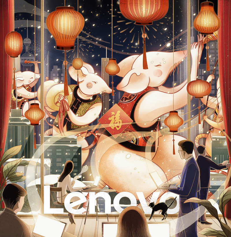 联想 2020 年一月月历 鼠鼠生风. DongQiu-Chinese illustrator